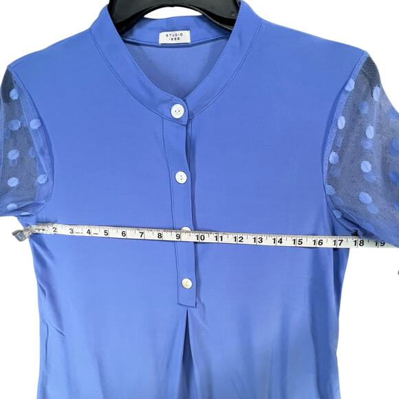 Studio 1886 Asymmetrical Top Womens S Blue Polka Dot Mesh Sleeves Button Modern - Picture 5 of 14